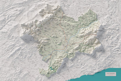 Mapa de relieve del Alt Penedès, con el territorio en color y el entorno en blanco. Vista completa de la lámina. 61 × 91 cm. Estilo Cartográfico.