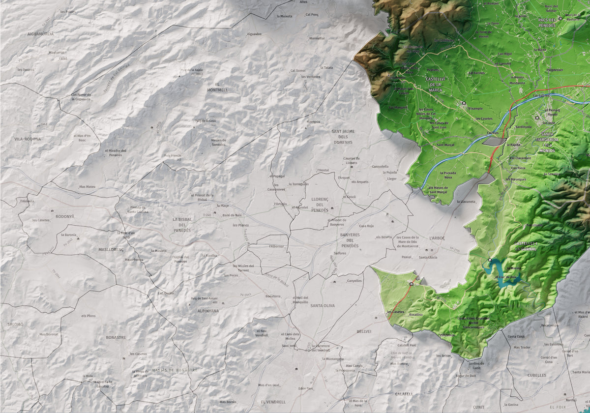 Mapa de relieve del Alt Penedès, con el territorio en color y el entorno en blanco. Detalle de la zona inferior izquierda. 70 × 100 cm. Estilo Clásico.