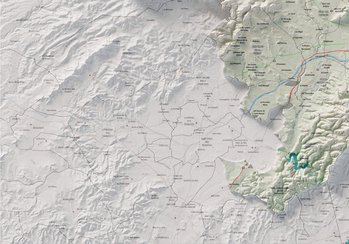 Mapa de relieve del Alt Penedès, con el territorio en color y el entorno en blanco. Detalle de la zona inferior izquierda. 70 × 100 cm. Estilo Cartográfico.