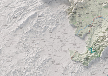 Mapa de relieve del Alt Penedès, con el territorio en color y el entorno en blanco. Detalle de la zona inferior izquierda. 70 × 100 cm. Estilo Cartográfico.