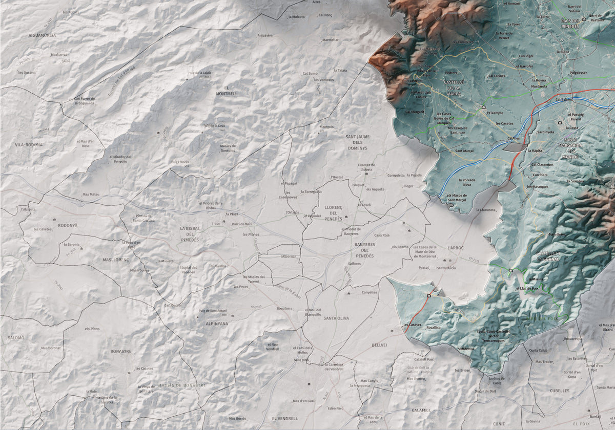 Mapa de relieve del Alt Penedès, con el territorio en color y el entorno en blanco. Detalle de la zona inferior izquierda. 70 × 100 cm. Estilo Azul y naranja.