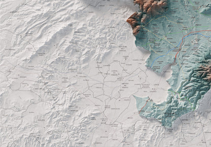 Mapa de relieve del Alt Penedès, con el territorio en color y el entorno en blanco. Detalle de la zona inferior izquierda. 70 × 100 cm. Estilo Azul y naranja.