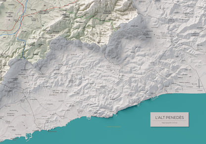 Mapa de relieve del Alt Penedès, con el territorio en color y el entorno en blanco. Detalle de la zona inferior derecha. 70 × 100 cm. Estilo Cartográfico.