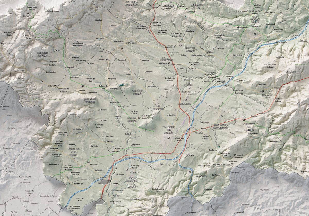 Mapa de relieve del Alt Penedès, con el territorio en color y el entorno en blanco. Detalle de la zona central. 70 × 100 cm. Estilo Cartográfico.
