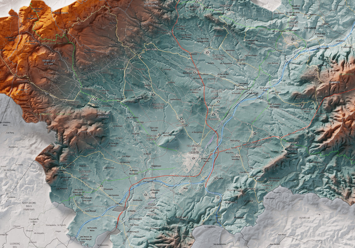 Mapa de relieve del Alt Penedès, con el territorio en color y el entorno en blanco. Detalle de la zona central. 70 × 100 cm. Estilo Azul y naranja.
