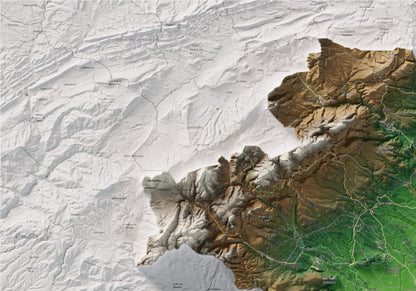Mapa de relieve del Alt Penedès, con el territorio en color y el entorno en blanco. Detalle de la zona superior izquierda. 70 × 100 cm. Estilo Clásico.