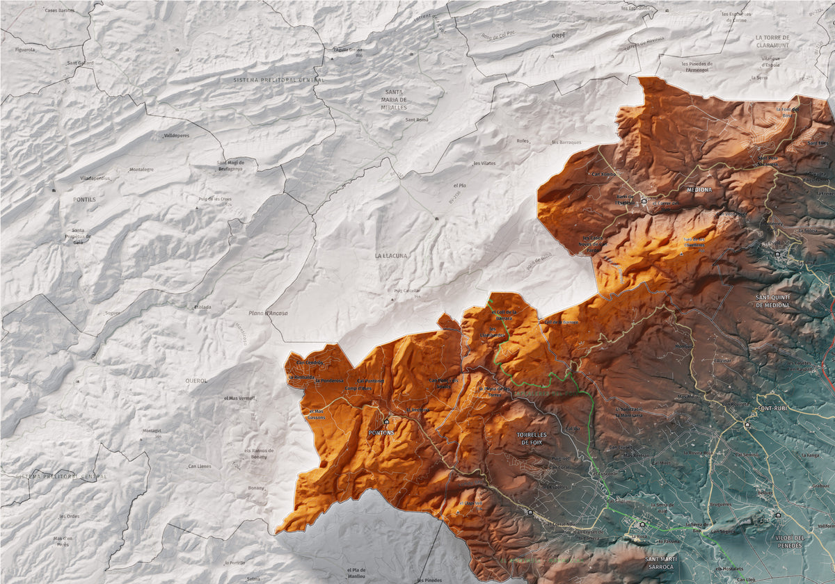 Mapa de relieve del Alt Penedès, con el territorio en color y el entorno en blanco. Detalle de la zona superior izquierda. 70 × 100 cm. Estilo Azul y naranja.