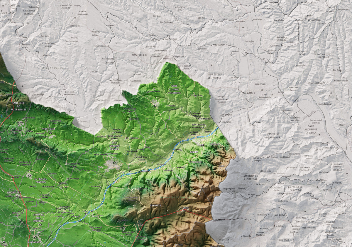 Mapa de relieve del Alt Penedès, con el territorio en color y el entorno en blanco. Detalle de la zona superior derecha. 70 × 100 cm. Estilo Clásico.