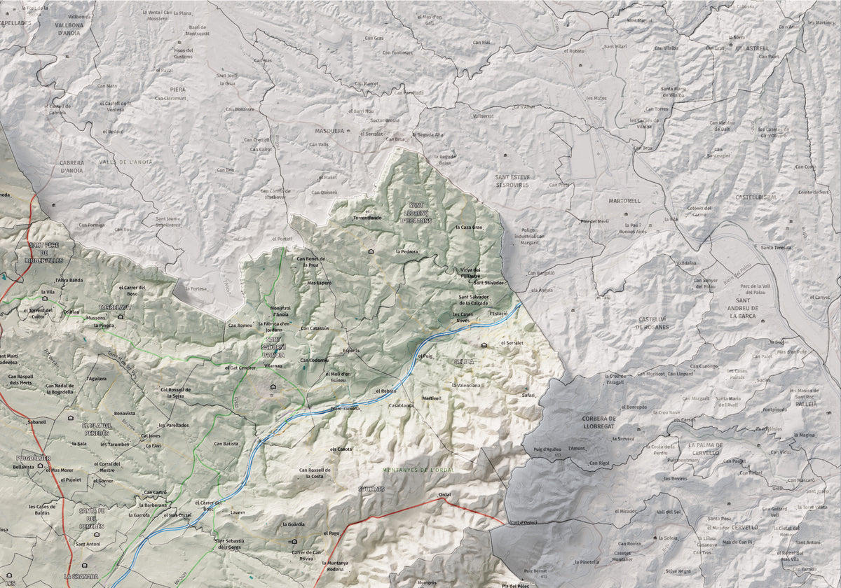 Mapa de relieve del Alt Penedès, con el territorio en color y el entorno en blanco. Detalle de la zona superior derecha. 70 × 100 cm. Estilo Cartográfico.