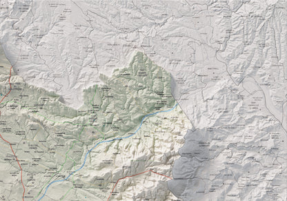 Mapa de relieve del Alt Penedès, con el territorio en color y el entorno en blanco. Detalle de la zona superior derecha. 70 × 100 cm. Estilo Cartográfico.