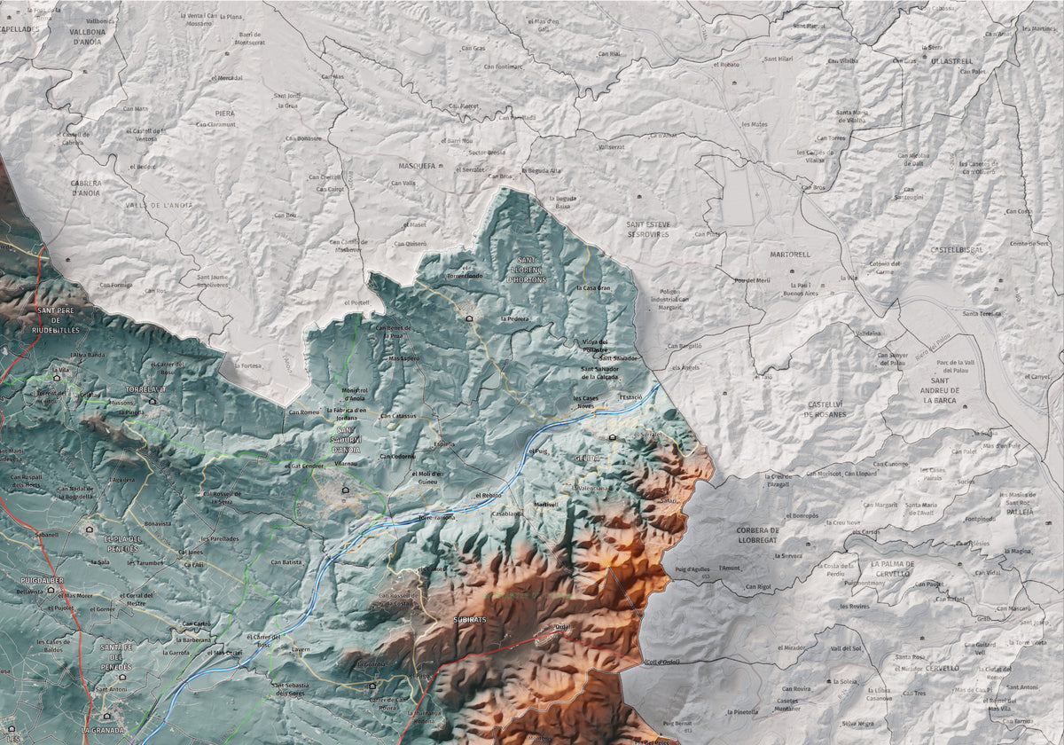 Mapa de relieve del Alt Penedès, con el territorio en color y el entorno en blanco. Detalle de la zona superior derecha. 70 × 100 cm. Estilo Azul y naranja.