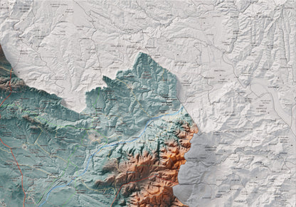 Mapa de relieve del Alt Penedès, con el territorio en color y el entorno en blanco. Detalle de la zona superior derecha. 70 × 100 cm. Estilo Azul y naranja.