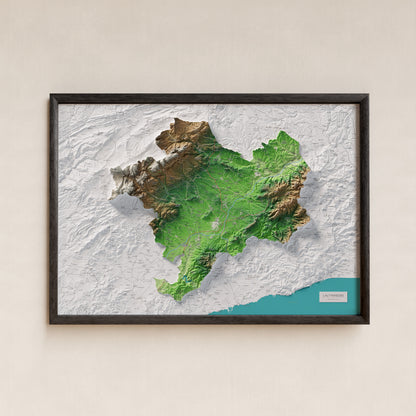 Mapa de relieve del Alt Penedès, con el territorio en color y el entorno en blanco. Presentación con marco. 70 × 100 cm. Estilo Clásico.