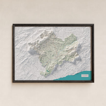 Mapa de relieve del Alt Penedès, con el territorio en color y el entorno en blanco. Presentación con marco. 70 × 100 cm. Estilo Cartográfico.