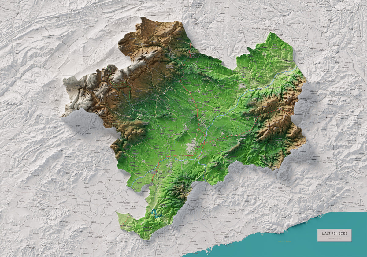 Mapa de relieve del Alt Penedès, con el territorio en color y el entorno en blanco. Vista completa de la lámina. 70 × 100 cm. Estilo Clásico.