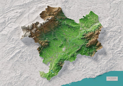 Mapa de relieve del Alt Penedès, con el territorio en color y el entorno en blanco. Vista completa de la lámina. 70 × 100 cm. Estilo Clásico.