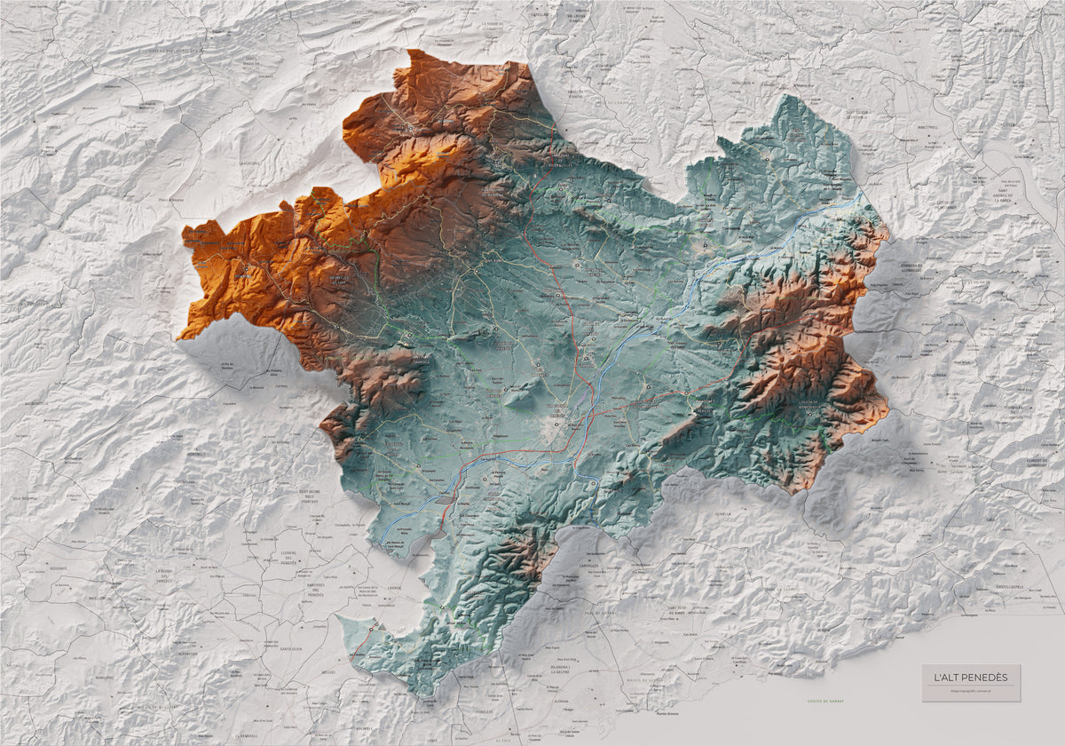 Mapa de relieve del Alt Penedès, con el territorio en color y el entorno en blanco. Vista completa de la lámina. 70 × 100 cm. Estilo Azul y naranja.