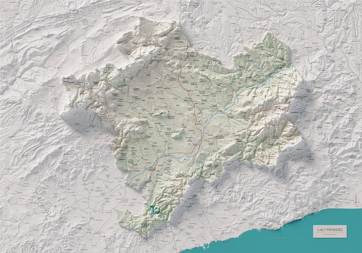 Mapa de relieve del Alt Penedès, con el territorio en color y el entorno en blanco. Vista completa de la lámina. 70 × 100 cm. Estilo Cartográfico.