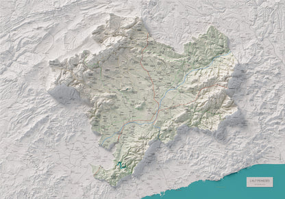 Mapa de relieve del Alt Penedès, con el territorio en color y el entorno en blanco. Vista completa de la lámina. 70 × 100 cm. Estilo Cartográfico.