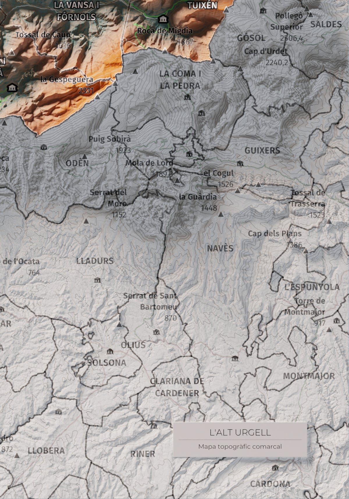 Mapa de relleu de l’Alt Urgell, amb el territori en color i l’entorn en blanc. Detall de la part inferior dreta. 21 × 30 cm. Estil Blau i taronja.