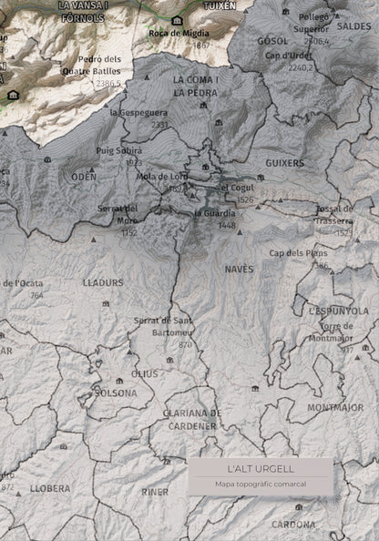 Mapa de relleu de l’Alt Urgell, amb el territori en color i l’entorn en blanc. Detall de la part inferior dreta. 21 × 30 cm. Estil Cartogràfic.