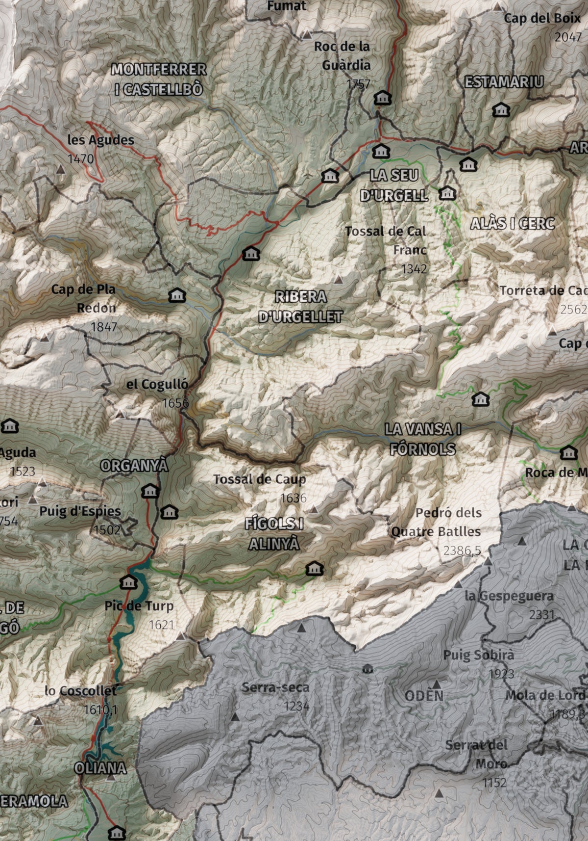 Mapa de relleu de l’Alt Urgell, amb el territori en color i l’entorn en blanc. Detall de la part central. 21 × 30 cm. Estil Cartogràfic.