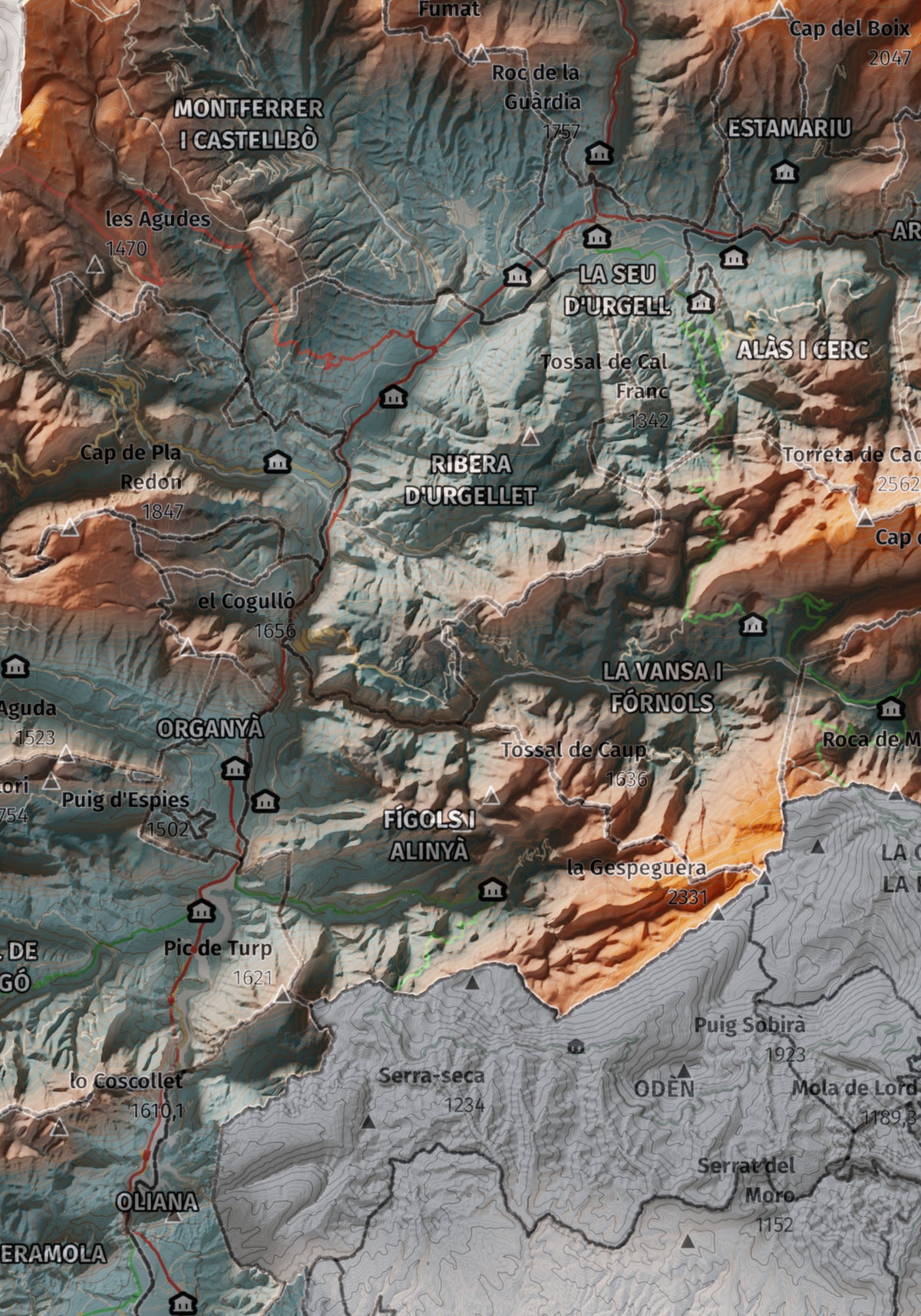 Mapa de relleu de l’Alt Urgell, amb el territori en color i l’entorn en blanc. Detall de la part central. 21 × 30 cm. Estil Blau i taronja.