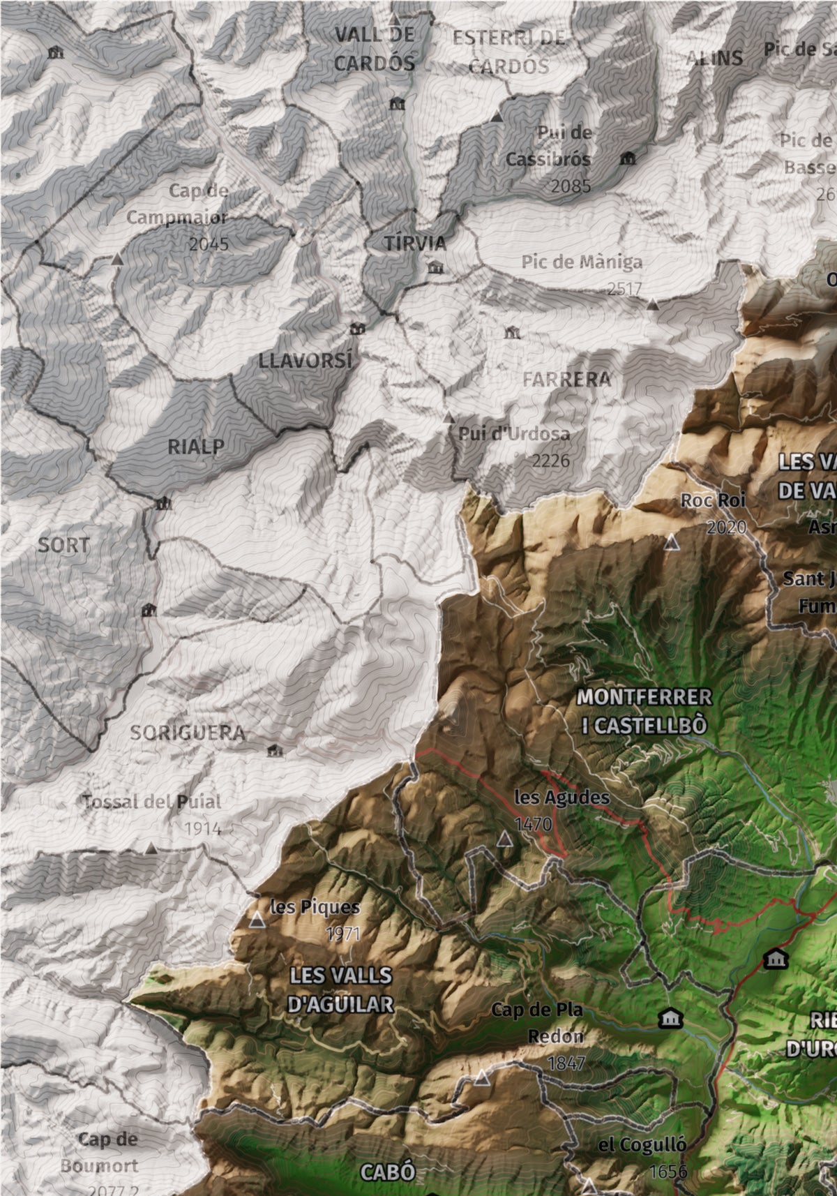 Mapa de relleu de l’Alt Urgell, amb el territori en color i l’entorn en blanc. Detall de la part superior esquerra. 21 × 30 cm. Estil Clàssic.