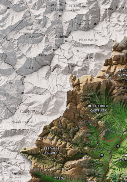 Mapa de relleu de l’Alt Urgell, amb el territori en color i l’entorn en blanc. Detall de la part superior esquerra. 21 × 30 cm. Estil Clàssic.