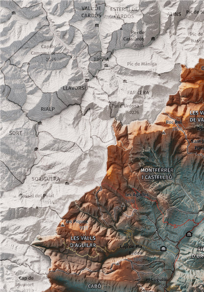Mapa de relleu de l’Alt Urgell, amb el territori en color i l’entorn en blanc. Detall de la part superior esquerra. 21 × 30 cm. Estil Blau i taronja.