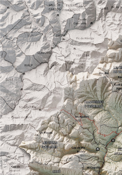 Mapa de relleu de l’Alt Urgell, amb el territori en color i l’entorn en blanc. Detall de la part superior esquerra. 21 × 30 cm. Estil Cartogràfic.