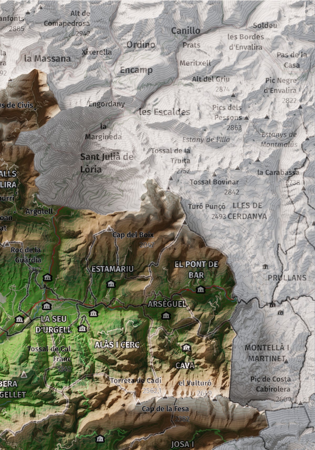 Mapa de relleu de l’Alt Urgell, amb el territori en color i l’entorn en blanc. Detall de la part superior dreta. 21 × 30 cm. Estil Clàssic.