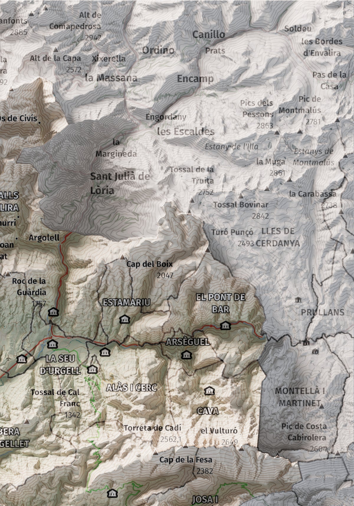 Mapa de relleu de l’Alt Urgell, amb el territori en color i l’entorn en blanc. Detall de la part superior dreta. 21 × 30 cm. Estil Cartogràfic.