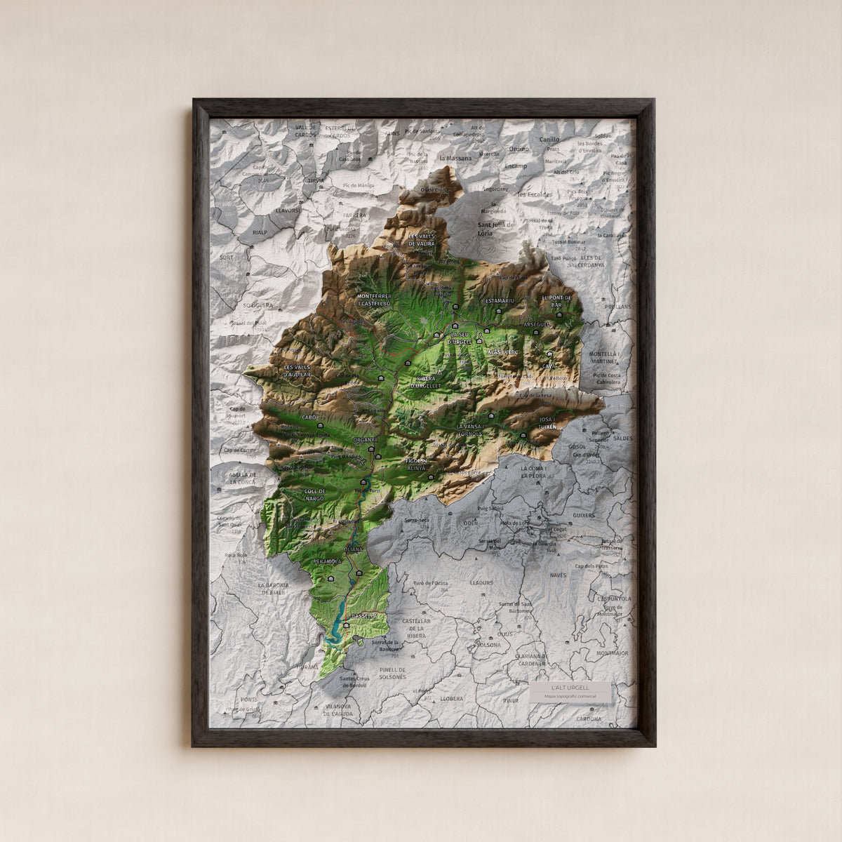 Mapa de relleu de l’Alt Urgell, amb el territori en color i l’entorn en blanc. Presentació amb marc. 21 × 30 cm. Estil Clàssic.