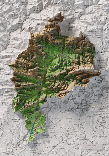 Mapa de relleu de l’Alt Urgell, amb el territori en color i l’entorn en blanc. Vista completa de la làmina. 21 × 30 cm. Estil Clàssic.
