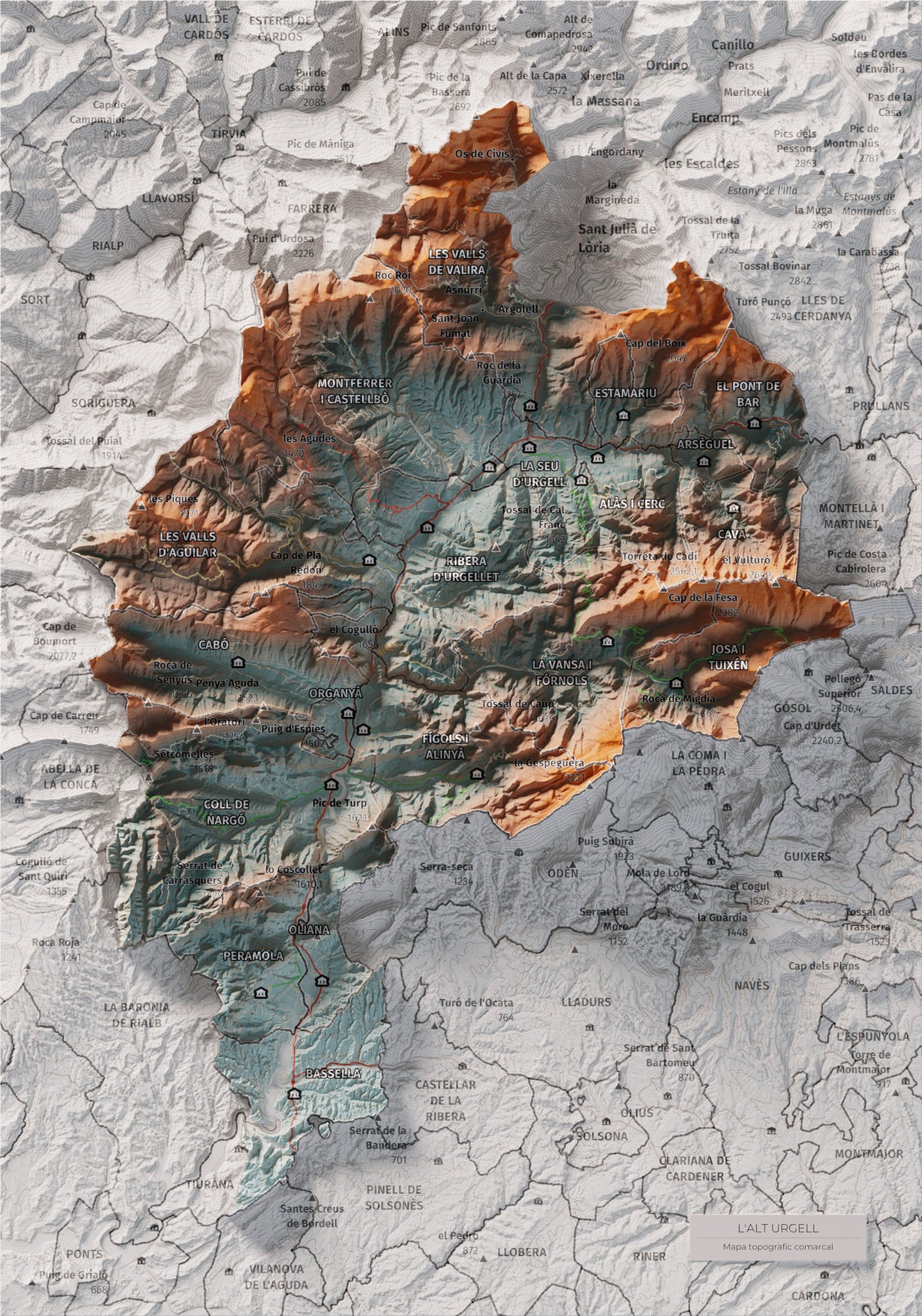 Mapa de relleu de l’Alt Urgell, amb el territori en color i l’entorn en blanc. Vista completa de la làmina. 21 × 30 cm. Estil Blau i taronja.