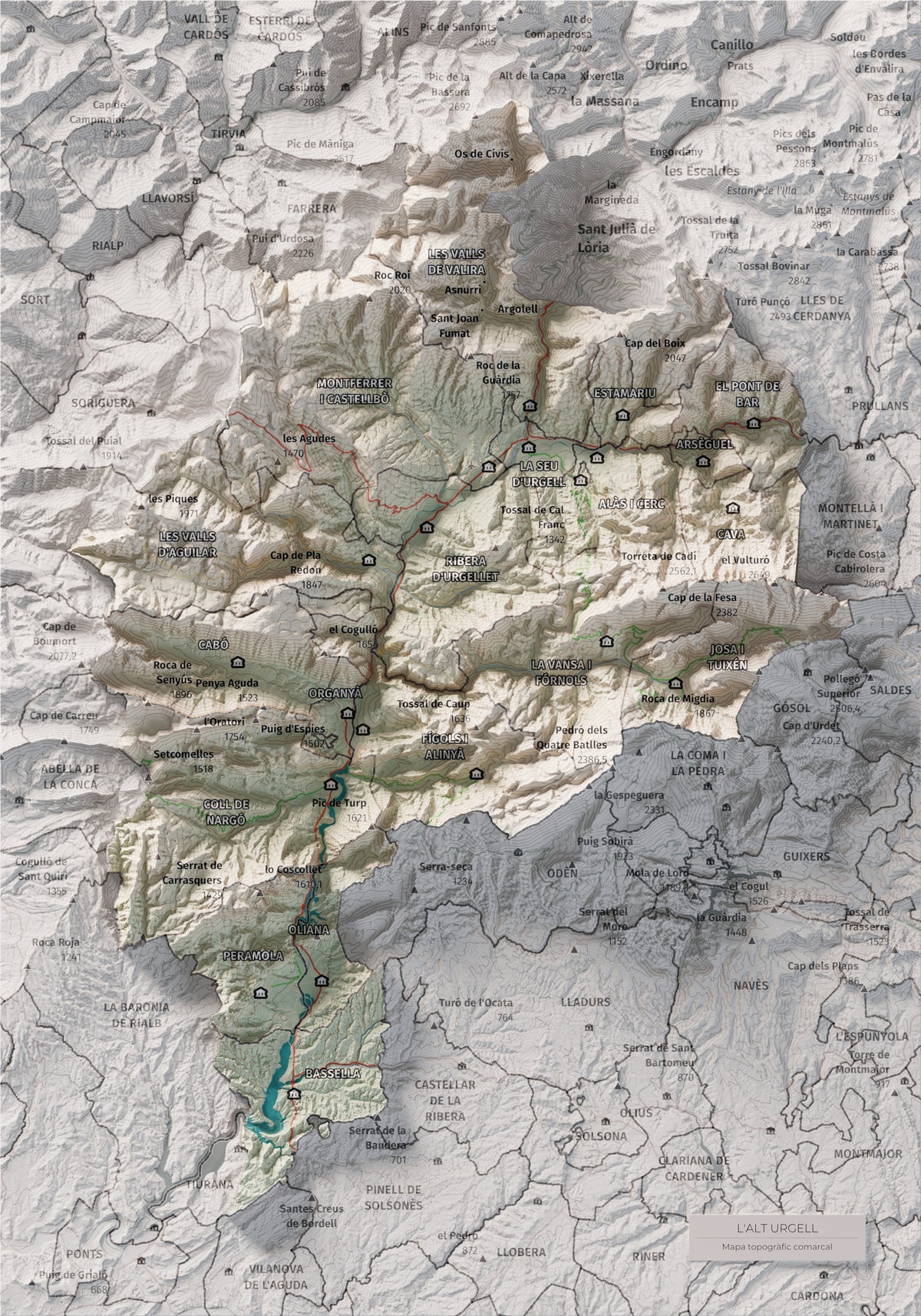 Mapa de relleu de l’Alt Urgell, amb el territori en color i l’entorn en blanc. Vista completa de la làmina. 21 × 30 cm. Estil Cartogràfic.