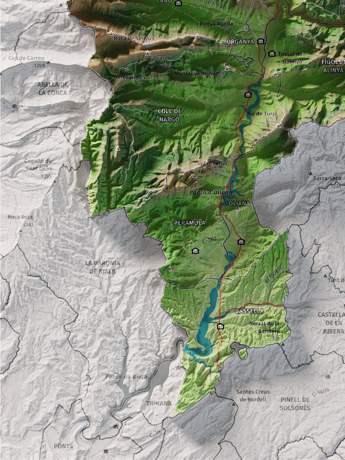 Mapa de relleu de l’Alt Urgell, amb el territori en color i l’entorn en blanc. Detall de la part inferior esquerra. 30 × 40 cm. Estil Clàssic.