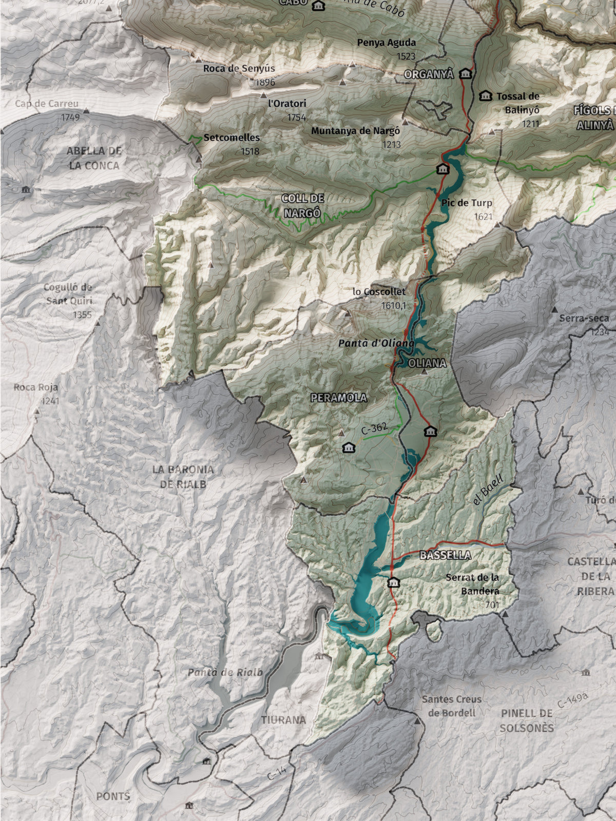 Mapa de relleu de l’Alt Urgell, amb el territori en color i l’entorn en blanc. Detall de la part inferior esquerra. 30 × 40 cm. Estil Cartogràfic.