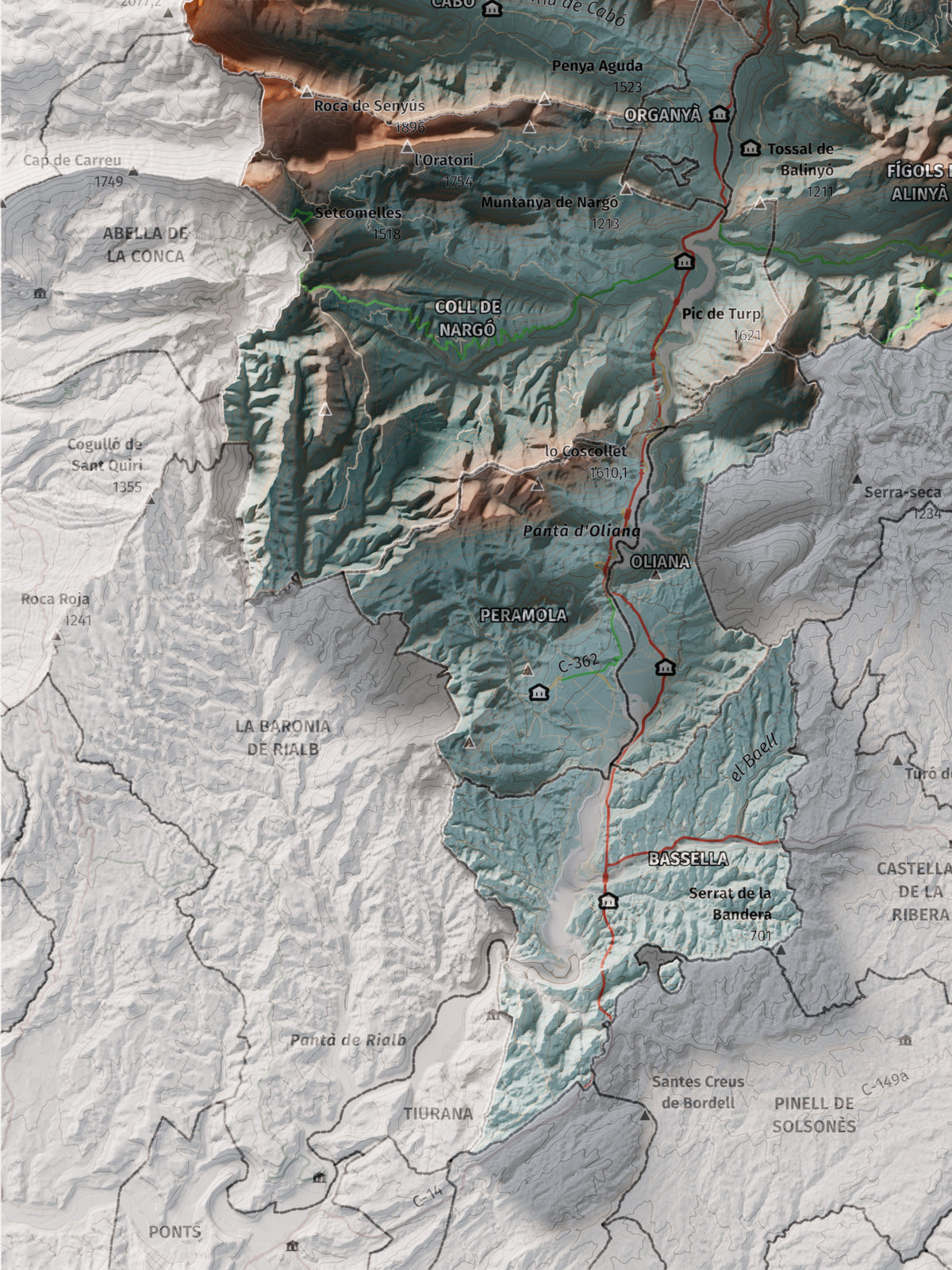 Mapa de relleu de l’Alt Urgell, amb el territori en color i l’entorn en blanc. Detall de la part inferior esquerra. 30 × 40 cm. Estil Blau i taronja.