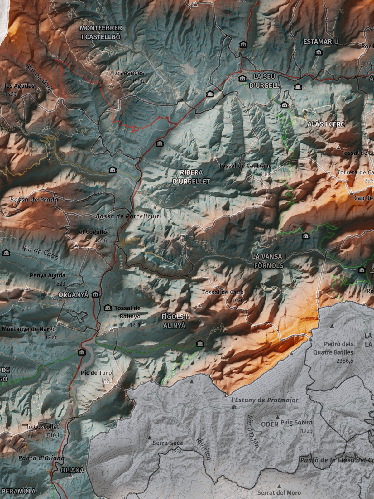 Mapa de relleu de l’Alt Urgell, amb el territori en color i l’entorn en blanc. Detall de la part central. 30 × 40 cm. Estil Blau i taronja.