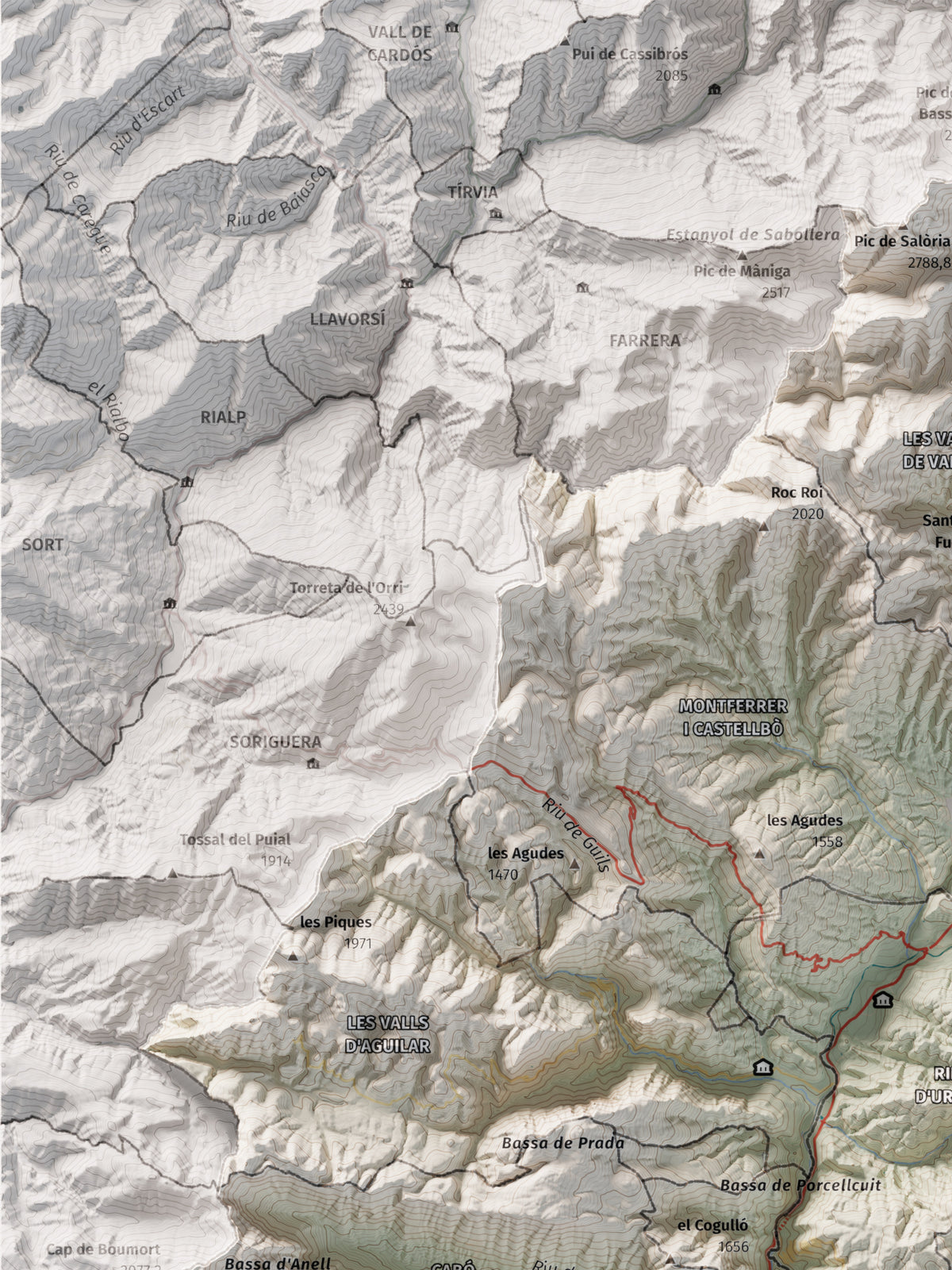 Mapa de relleu de l’Alt Urgell, amb el territori en color i l’entorn en blanc. Detall de la part superior esquerra. 30 × 40 cm. Estil Cartogràfic.