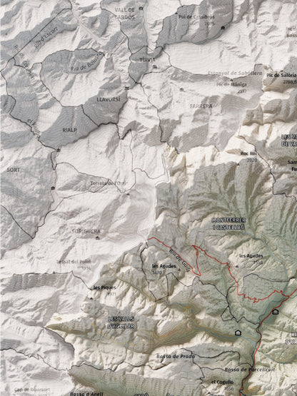 Mapa de relleu de l’Alt Urgell, amb el territori en color i l’entorn en blanc. Detall de la part superior esquerra. 30 × 40 cm. Estil Cartogràfic.