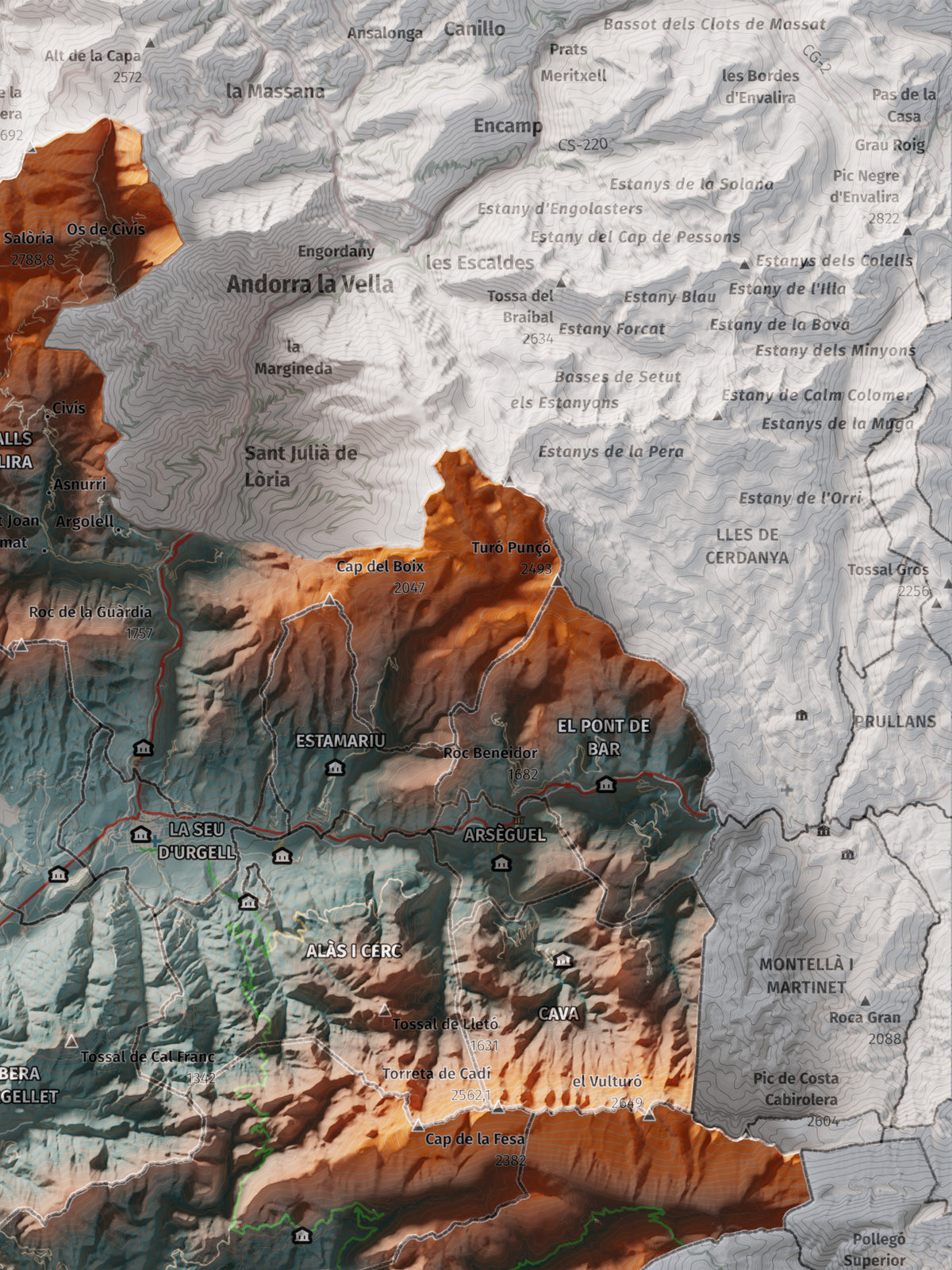 Mapa de relleu de l’Alt Urgell, amb el territori en color i l’entorn en blanc. Detall de la part superior dreta. 30 × 40 cm. Estil Blau i taronja.