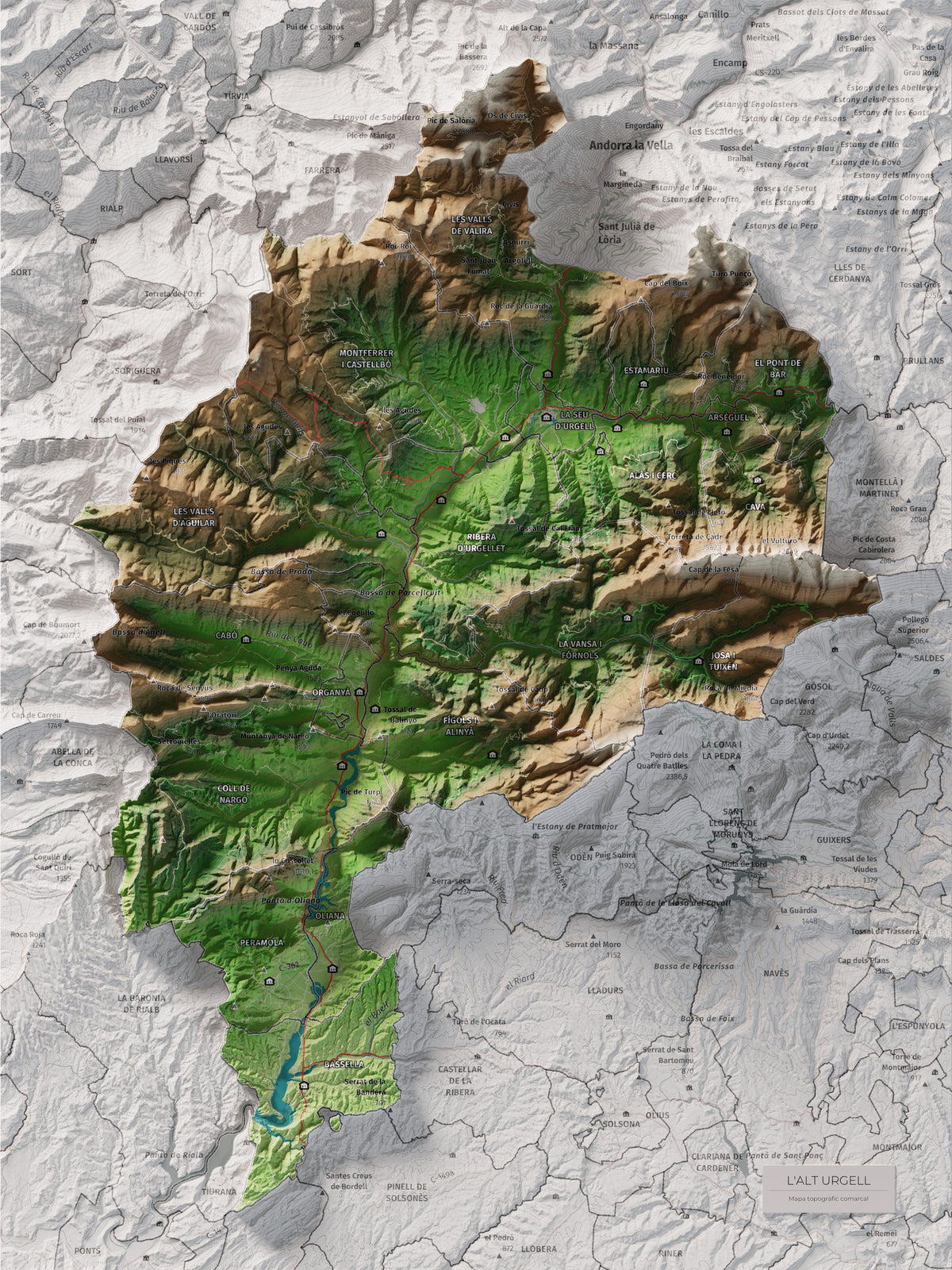Mapa de relleu de l’Alt Urgell, amb el territori en color i l’entorn en blanc. Vista completa de la làmina. 30 × 40 cm. Estil Clàssic.