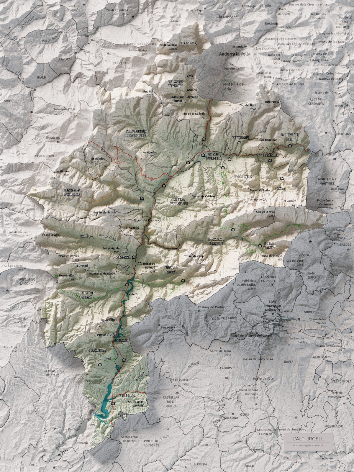 Mapa de relleu de l’Alt Urgell, amb el territori en color i l’entorn en blanc. Vista completa de la làmina. 30 × 40 cm. Estil Cartogràfic.