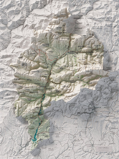 Mapa de relleu de l’Alt Urgell, amb el territori en color i l’entorn en blanc. Vista completa de la làmina. 30 × 40 cm. Estil Cartogràfic.