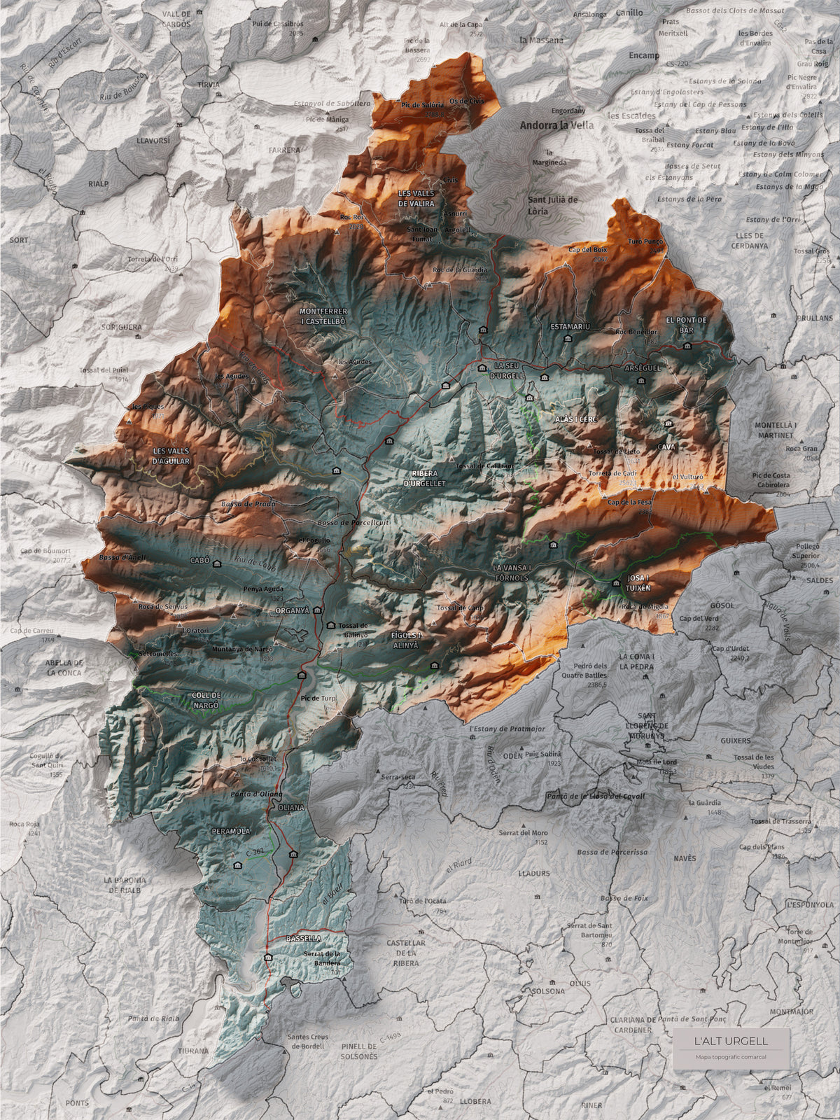 Mapa de relleu de l’Alt Urgell, amb el territori en color i l’entorn en blanc. Vista completa de la làmina. 30 × 40 cm. Estil Blau i taronja.