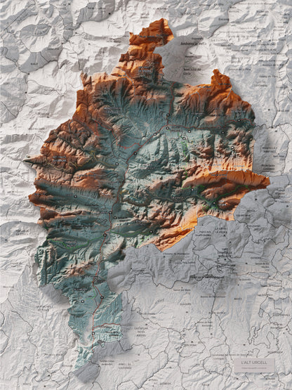 Mapa de relleu de l’Alt Urgell, amb el territori en color i l’entorn en blanc. Vista completa de la làmina. 30 × 40 cm. Estil Blau i taronja.