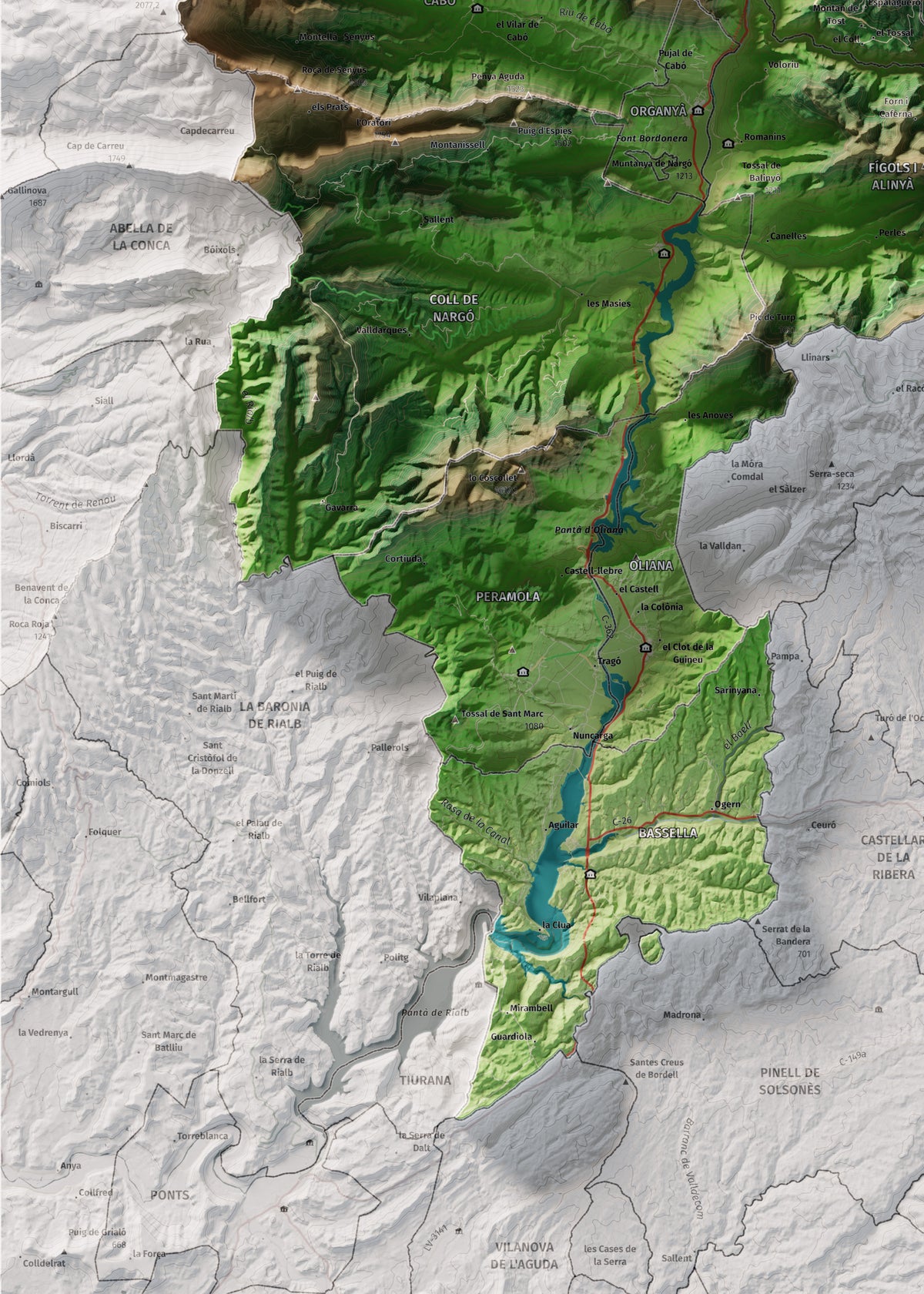 Mapa de relleu de l’Alt Urgell, amb el territori en color i l’entorn en blanc. Detall de la part inferior esquerra. 50 × 70 cm. Estil Clàssic.